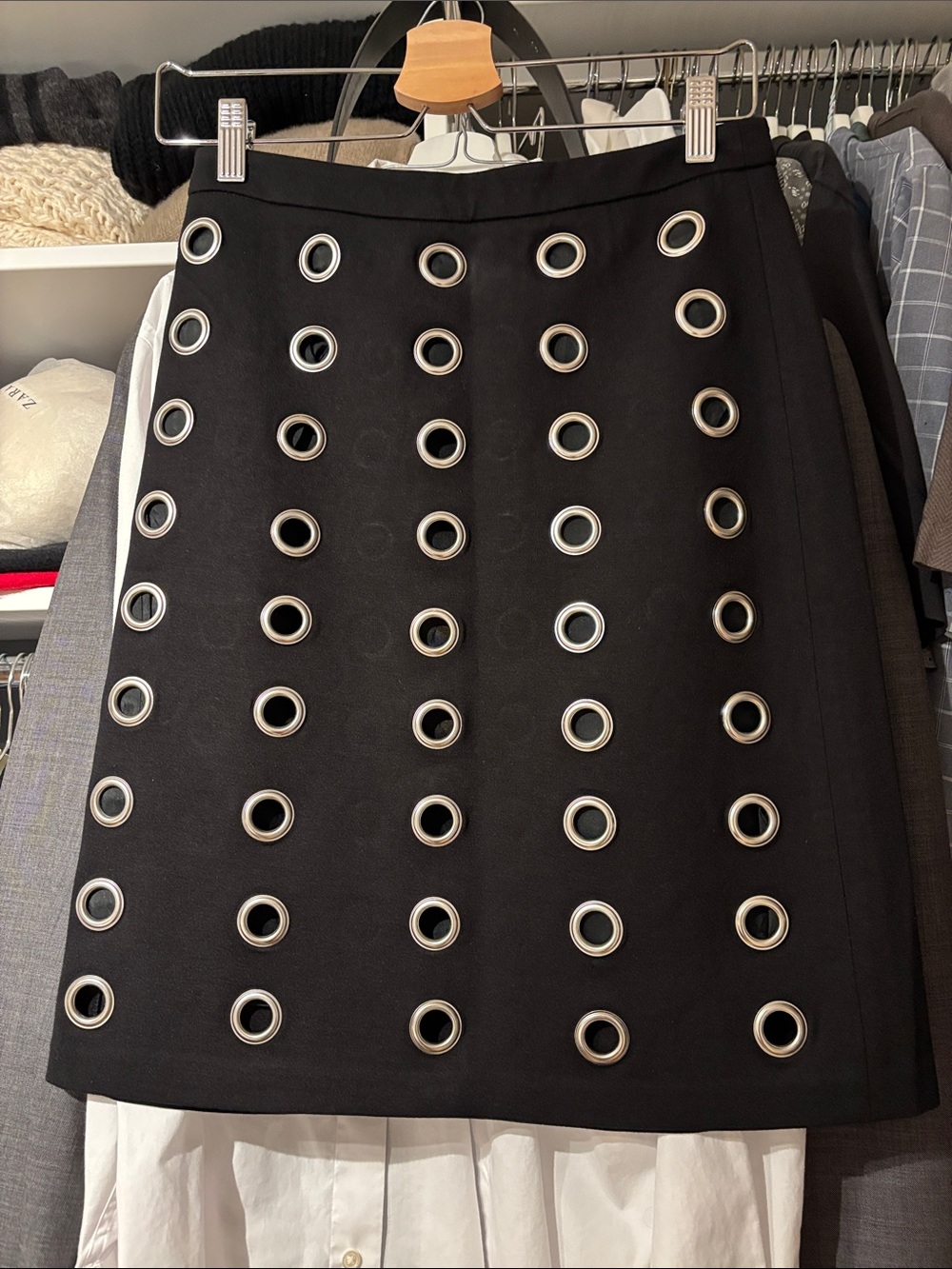 Carmen Marc Valvo Black knee length Skirt with Silver Eyelet Detail